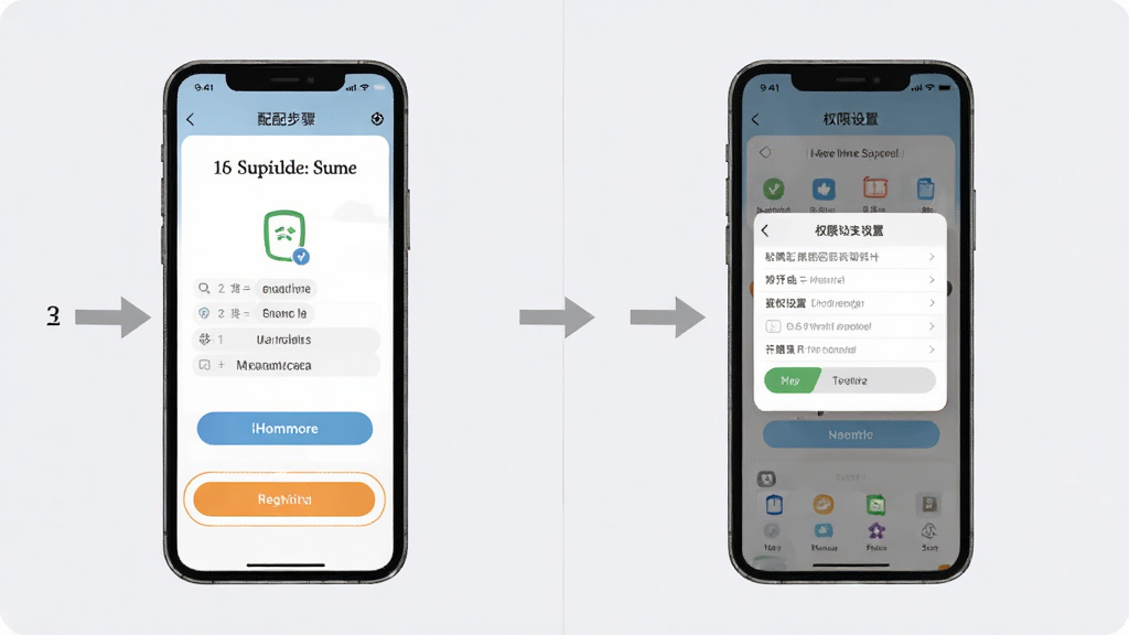 iHommore新手使用教程示意图,主体为手机屏幕显示配网步骤与权限设置界面,布局为左右分步展示,排版为教程式分镜,风格为简洁UI说明图,细节包含箭头指引、高亮按钮、淡灰背景,画质高清,干净,无多余元素