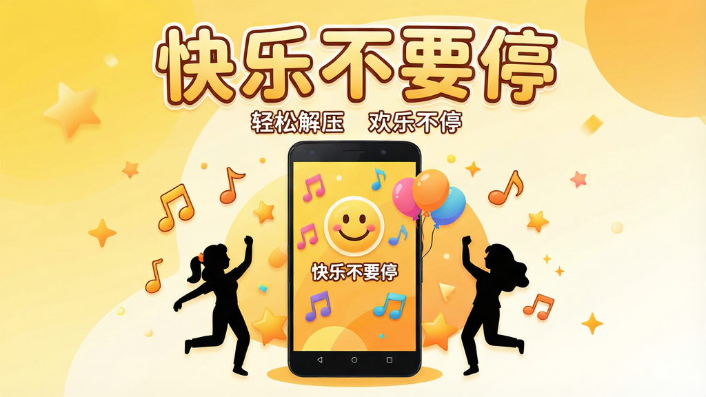 整体画面以明亮的黄色和橙色为主色调,中央放置一部安卓手机,手机屏幕上显示“快乐不要停”软件的主界面,界面中有笑脸图标、音乐符号和彩色气球元素。手机周围环绕着跳舞的小人剪影、音符和星星装饰。布局采用居中构图,上方用大号圆润字体写“快乐不要停”,下方用较小字体写“轻松解压 欢乐不停”。风格为扁平化卡通插画,细节处有柔和的渐变光影,画质高清,画面干净,无多余元素。