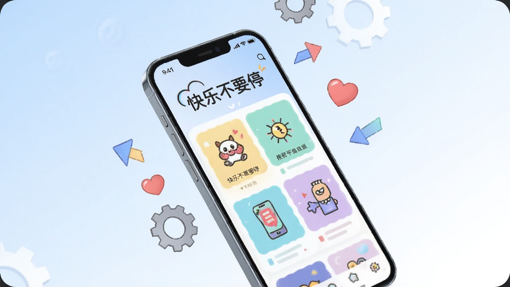 一部手机斜放在画面中央,屏幕显示个性化推荐页面,页面上有“快乐不要停”字样和多个推荐卡片,卡片上有不同的趣味图标。手机周围有齿轮、爱心和推荐箭头等小元素点缀。背景为浅蓝色到白色的柔和渐变。风格为简约科技插画,画质高清,细节清晰,画面干净,无多余元素。