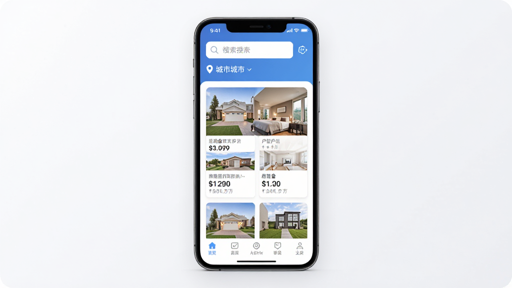 ����ҷ�APP������չʾͼ������������һ�������ֻ�����Ļ����ʾ����ҷ�������ҳ���Ϸ���������ͳ��ж�λ���м��Ƿ�Դ�б���Ƭ��ÿ�ſ�Ƭչʾ����ͼƬ�����۸�ͻ�����Ϣ���ײ��е����������岼���������Ű����룬����ִ���Լ��ϸ�ڷḻ�����ʸ��壬�ɾ��޶���Ԫ�ء�