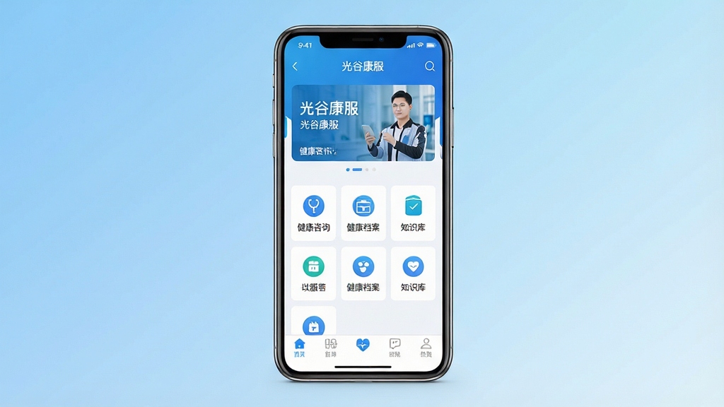 一张展示“光谷康服”手机应用主界面的预览图,画面中央放置一部现代智能手机,屏幕内显示光谷康服APP的首页布局,顶部为健康资讯轮播图,中部为功能图标区域包括健康咨询、健康档案、知识库等入口,底部为导航栏,整体布局干净整洁,采用蓝白为主色调的健康科技风格,细节上图标线条简洁、文字清晰可辨,画质高清,背景为纯色渐变,无多余元素干扰,整体视觉专业且亲和