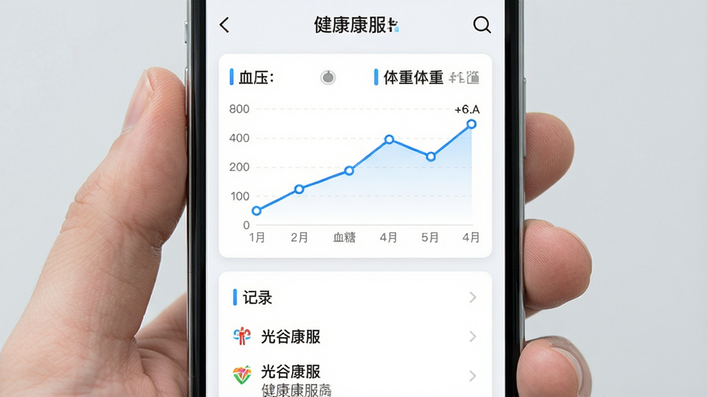 一张展示“光谷康服”健康档案功能界面的手机截图,画面中一部手机屏幕显示个人健康档案页面,页面中包含血压、血糖、体重等指标的趋势折线图,图表颜色清晰,数据点明确,下方有记录列表,整体布局为卡片式设计,风格简洁现代,采用浅色背景搭配蓝色数据线条,画质清晰,无杂乱元素