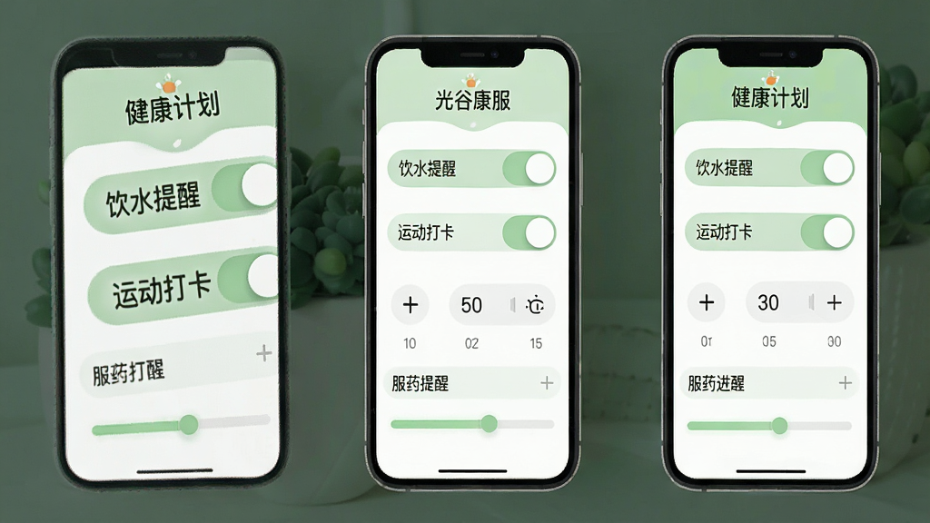 一张展示“光谷康服”健康提醒功能的界面预览图,画面中手机屏幕显示健康计划设置页面,包含饮水提醒、运动打卡、服药提醒等开关按钮,以及时间选择器和进度条,界面风格清新柔和,采用淡绿色与白色搭配,图标圆润可爱,文字清晰,整体布局层次分明,画质高清干净