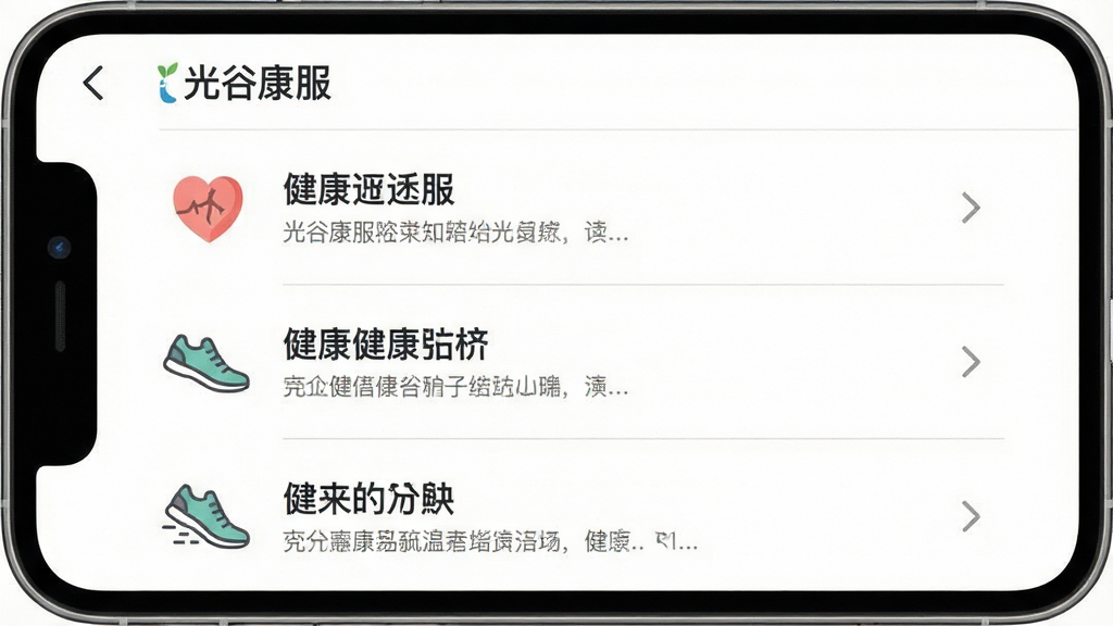一张展示“光谷康服”应用内健康知识文章列表界面的手机预览图,画面中手机屏幕显示知识库页面,文章标题以列表形式排列,每个条目左侧配有相关主题的小图标,如心脏、蔬菜、跑步鞋等,右侧有阅读箭头,整体采用白色背景搭配浅灰色分割线,文字深灰易读,布局疏朗,画质清晰,无多余装饰元素