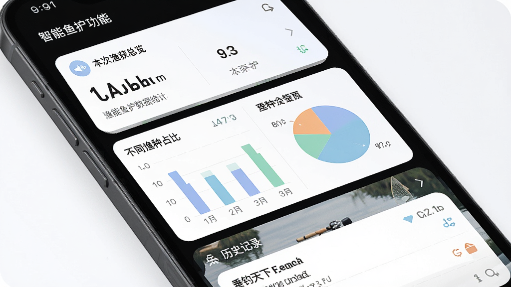 一张以“垂钓天下”智能鱼护功能为主题的界面截图风格图,主体为手机屏幕显示渔获数据统计页面,布局上方为本次渔获总览卡片,中部为柱状图与饼图展示不同鱼种占比,下方为历史记录列表,风格现代简约运动感,细节包含数字清晰、图表配色柔和、图标精致,画质高清干净无多余元素