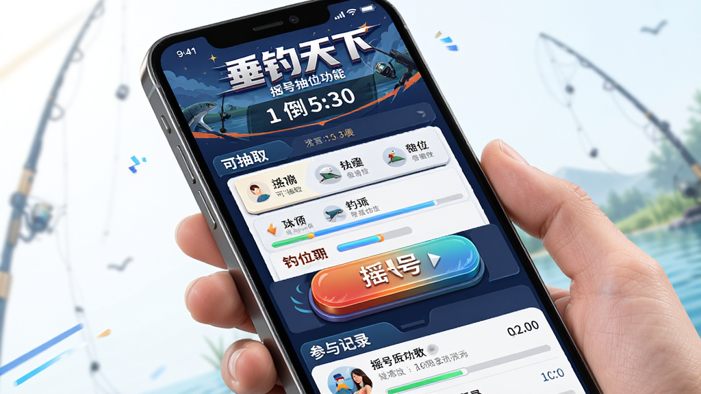一幅展示“垂钓天下”摇号抽位功能的手机界面图,主体为手机屏幕显示摇号活动页面,布局上方为活动标题与倒计时,中部为可抽取的钓位列表与摇号按钮,下方为参与记录,风格活力竞技感,细节包含按钮立体、进度条动感、文字清晰,画质高清干净无多余元素
