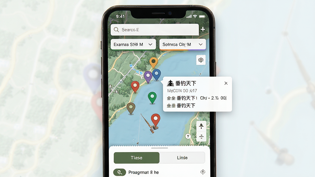一张以“垂钓天下”钓点查询功能为核心的应用界面图,主体为手机屏幕显示地图模式下的钓点分布,布局上方为搜索与筛选栏,中部为地图标记点与钓点信息弹窗,下方为列表切换按钮,风格户外探索感,细节包含地图纹理清晰、标记醒目、信息卡片简洁,画质高清干净无多余元素