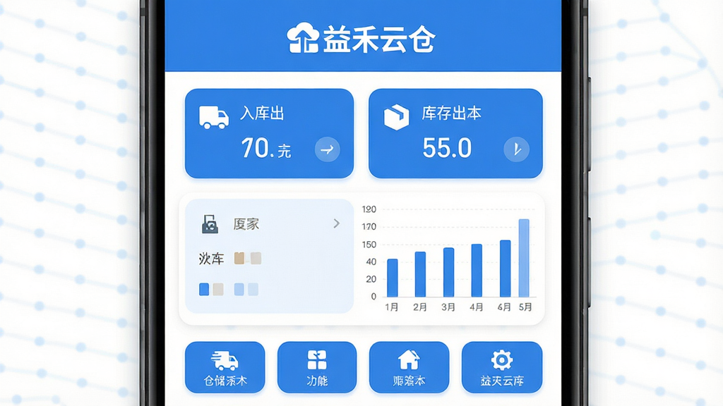 益禾云仓移动端仓储管理软件界面展示,主体为一部安卓手机屏幕中显示库存数据看板,布局采用居中对称构图,上方为软件名称“益禾云仓”文字标识,中部为入库出库数据卡片与柱状图,下方为功能按钮排列,风格为扁平化科技商务风,细节包含蓝色主色调、圆角卡片、清晰的数据图标,画质高清,画面干净,无多余元素