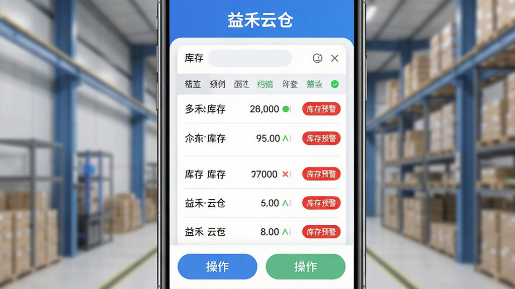 益禾云仓软件实时库存管理功能展示图,主体为手机屏幕中显示多仓库库存列表与库存预警提示,布局为上下结构,上方为“益禾云仓”软件名称,中部为库存数据表格与红色预警标签,下方为操作按钮,风格为简洁明快的商务科技风,细节包含清晰的数据行、彩色状态标识、圆角边框,画质高清,画面干净,无多余元素