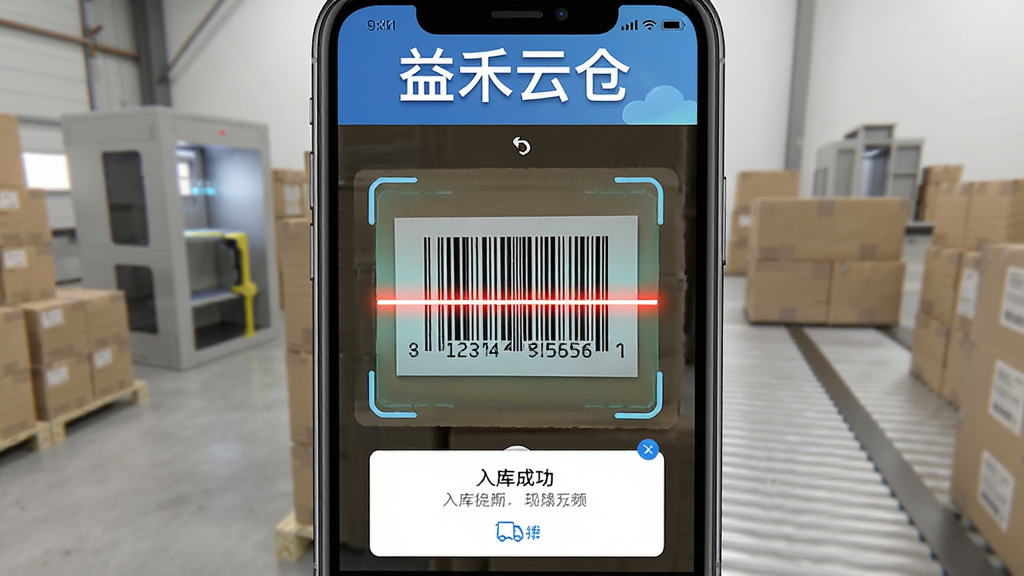 益禾云仓扫码出入库功能展示图,主体为手机摄像头扫描商品条码的场景,布局为居中构图,上方为“益禾云仓”软件名称文字,中部为扫描框与条码图像,下方为入库成功提示弹窗,风格为写实科技风,细节包含清晰的条码纹理、扫描光线、手机界面元素,画质高清,画面干净,无多余元素