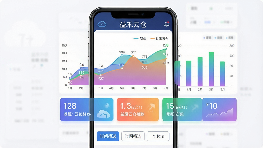 益禾云仓数据报表与经营分析功能展示图,主体为手机屏幕中显示折线图与柱状图组合的数据看板,布局为上下结构,上方为“益禾云仓”软件名称,中部为彩色数据图表与指标卡片,下方为时间筛选按钮,风格为现代商务数据风,细节包含清晰的坐标轴、数据标签、渐变色彩,画质高清,画面干净,无多余元素