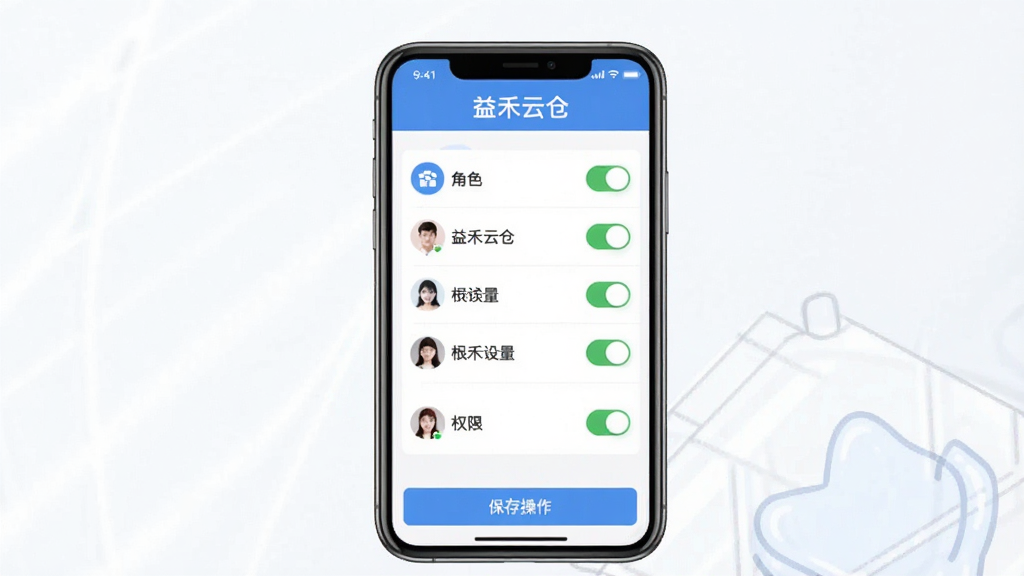 益禾云仓多角色权限管理功能展示图,主体为手机屏幕中显示角色权限设置界面,布局为居中构图,上方为“益禾云仓”软件名称,中部为角色列表与权限开关按钮,下方为保存操作栏,风格为简洁清爽的工具风,细节包含清晰的图标、开关状态、角色头像,画质高清,画面干净,无多余元素