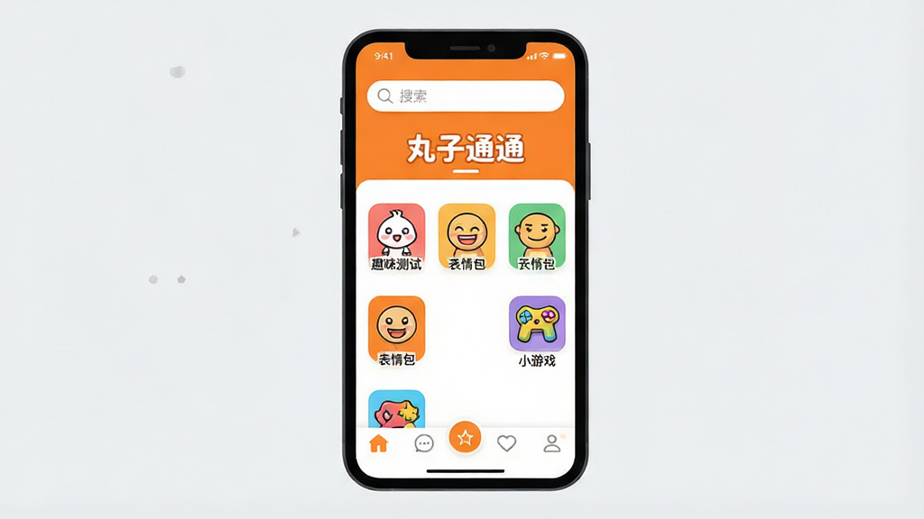 一张展示手机屏幕的图片,屏幕中央是“丸子通通”软件的主界面,界面色彩明快,以橙色和白色为主色调,顶部有搜索栏,中间排列着趣味测试、表情包、小游戏等图标,底部有导航栏,背景是干净的浅灰色,风格为扁平化卡通设计,画质清晰,无多余元素