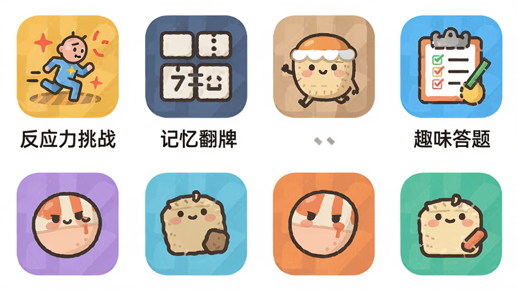 一张展示“丸子通通”小游戏合集的图片,屏幕上有多个游戏图标排列成网格,如“反应力挑战”“记忆翻牌”“趣味答题”,每个图标有对应的卡通图案,背景为白色,风格为扁平化设计,画质干净