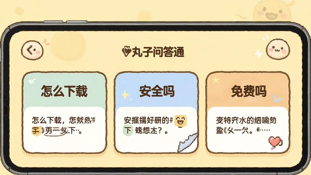一张展示“丸子通通”用户问答界面的图片,屏幕上有“怎么下载”“安全吗”“免费吗”三个问题卡片,每个卡片有对应的回答摘要,背景为浅黄色,风格为温馨卡通,画质清晰