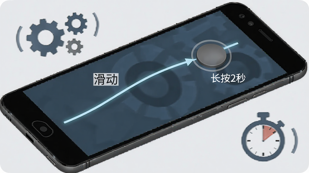 自动连点器专家滑动与长按模拟功能示意图,画面展示一部安卓手机屏幕上有两条轨迹线,一条是从左下到右上的滑动轨迹标注着“滑动”,另一处是圆形按钮上标注着“长按2秒”,手机旁边有齿轮和秒表图标点缀,背景为浅灰色简洁风格,画质高清,无杂乱元素