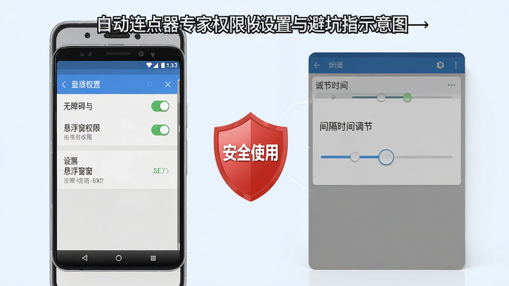 自动连点器专家权限设置与避坑指南示意图,画面左侧是一部安卓手机展示设置菜单中的无障碍与悬浮窗权限开关,右侧是软件界面中的间隔时间调节滑块,中间用红色盾牌图标标注“安全使用”,整体布局清晰,背景为浅色,画质精细,干净整洁