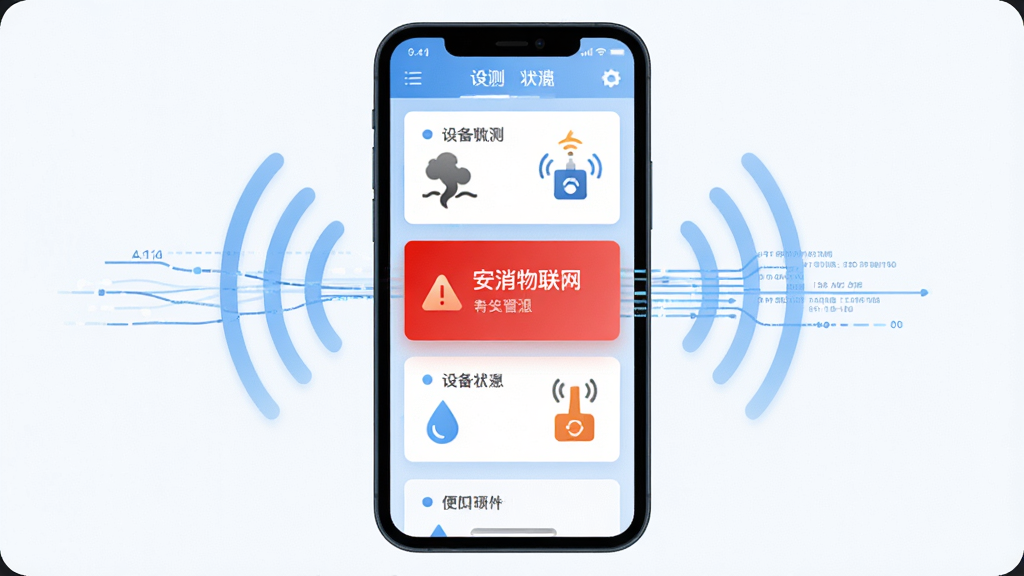 安消物联网实时监测功能界面,手机屏幕显示多条设备状态卡片,其中一条标红告警,周围环绕无线信号波纹与数据流线条,主体为手机与传感器图标,布局居中,风格扁平化科技风,细节有烟雾、水滴、电流符号,画质清晰,干净,无多余元素