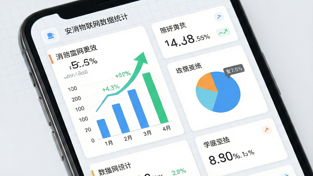 安消物联网数据统计界面,手机屏幕显示柱状图与饼状图,背景为浅色网格与数据卡片,主体为图表与数字,布局规整,风格清新简洁,细节有上升箭头、百分比标签,画质清晰,干净,无多余元素