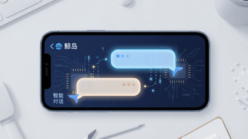 鲸岛智能对话引擎的视觉化展示图,主体是一部智能手机屏幕,屏幕内显示两个对话气泡正在交互,气泡带有柔和的光边,背景为浅灰色工作台面,布局居中对称,风格偏向扁平化插画,细节上加入微小的电路纹理与数据流光点,画质高清,干净无杂物,图中文字标注“鲸岛”与“智能对话”。