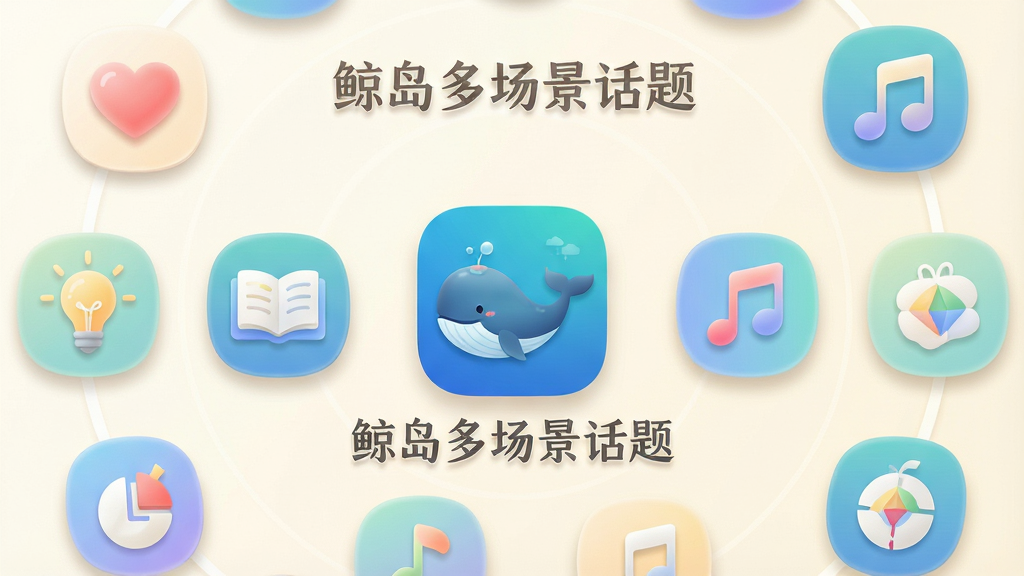 鲸岛多场景话题功能的示意图,画面以圆形网格布局展示多个话题图标,包括心形、书本、灯泡、音符等符号,中心位置放置鲸岛应用图标,背景为柔和的米白色,风格清新简约,细节上图标带有轻微投影与渐变填充,画质细腻,干净整洁,图中文字标注“鲸岛多场景话题”。