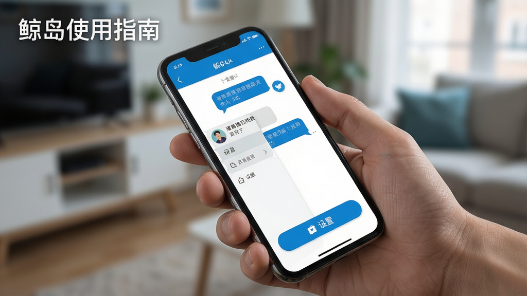 一张展示鲸岛移动端操作界面的示意图,画面主体为一只手握持智能手机,屏幕显示鲸岛的对话界面与设置菜单,背景为模糊的室内环境,布局采用对角线构图,风格偏向写实科技风,细节上突出屏幕内的气泡对话与图标按钮,画质清晰,干净无多余元素,图中文字标注“鲸岛使用指南”。