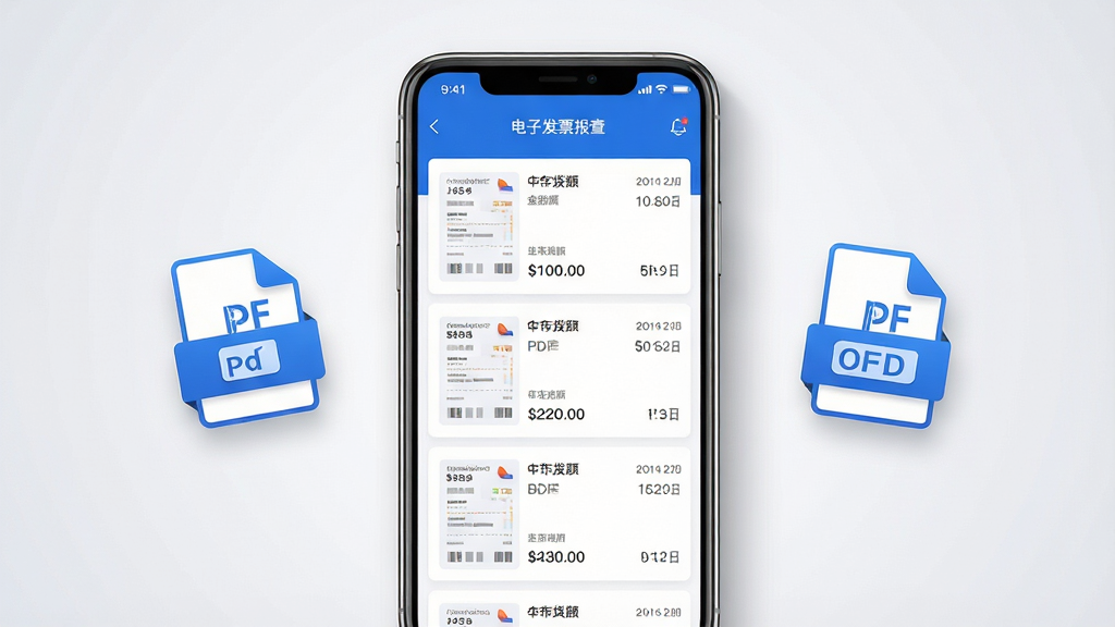 一张展示电子发票存查报销软件界面的预览图,主体为居中放置的智能手机,屏幕上显示着清晰分类的电子发票列表,包含发票缩略图、金额与日期信息;布局采用三分法,手机两侧点缀着漂浮的PDF与OFD格式图标;排版简洁,以蓝白配色为主,风格现代商务;细节上手机边缘有轻微阴影,背景为干净的浅灰色渐变,画质清晰锐利,无多余元素干扰。