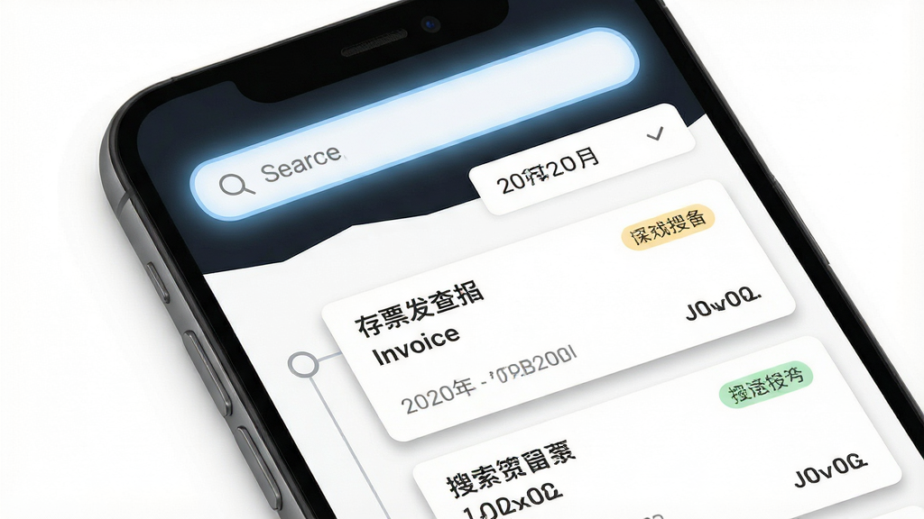 一张展示电子发票存查报销搜索界面的效果图,主体为手机屏幕特写,屏幕上方是搜索框与日期筛选器,下方展示按时间轴排列的发票卡片列表;布局采用上下结构,排版清晰有序;风格为简约商务风;细节上搜索框有淡蓝色聚焦光晕,发票卡片带有轻微投影与状态标签,背景为纯白色,画质细腻,无杂乱元素。