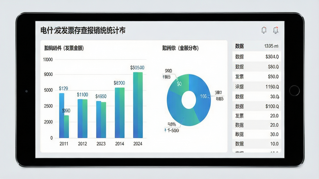 一幅展示电子发票存查报销统计面板的界面图,主体为平板电脑或手机横屏,屏幕中央显示柱状图与饼图,展示不同月份的发票金额分布;布局左右分栏,左侧为图表,右侧为数据列表;排版规整,风格为数据可视化商务风;细节上图表颜色使用蓝绿渐变,数据标签清晰可见,背景为浅灰色,画质高清,无多余元素。