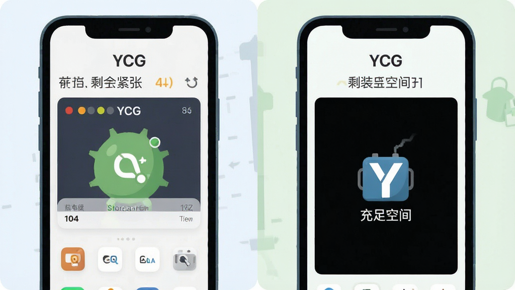 一张手机存储空间对比示意图,画面左右分别展示“YCG”安装前后手机存储剩余空间的变化,左侧手机屏幕显示存储紧张,右侧手机屏幕显示安装“YCG”后仍有充足空间,画面风格为扁平化信息图,布局清晰,色调清爽,细节干净,画质高清,无多余元素