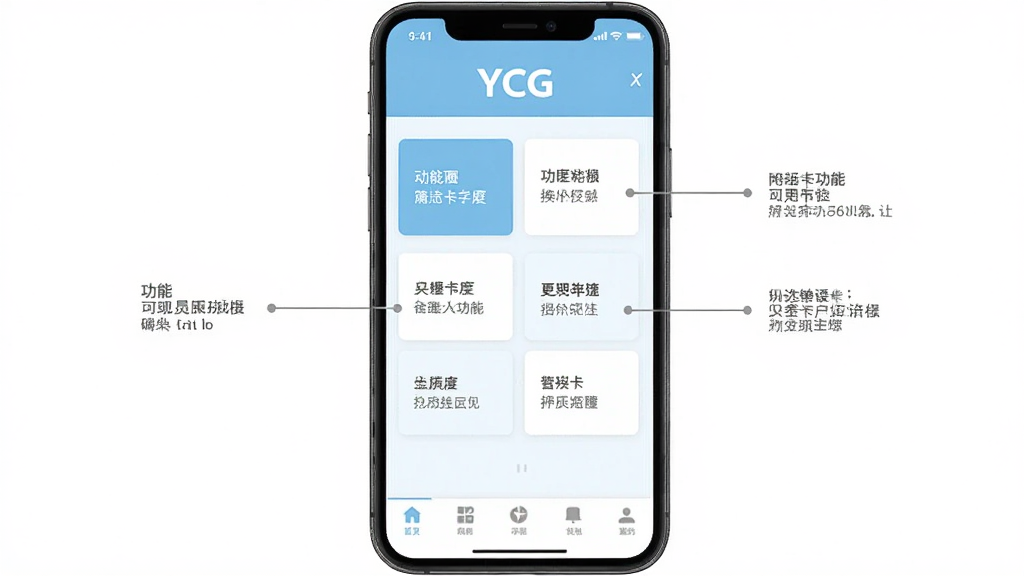 一张“YCG”软件界面布局示意图,画面展示手机屏幕内部分为顶部标题区、中部功能卡片区和底部导航栏,各区域标注简洁文字说明,整体采用浅蓝色与白色搭配,风格清新,排版规整,细节清晰,画质干净,无多余元素