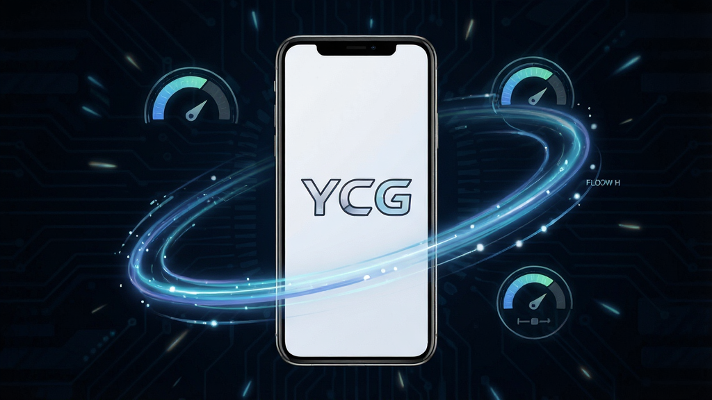 一张展示“YCG”运行流畅度的概念图,画面中央是手机屏幕显示“YCG”界面,屏幕周围环绕速度线条与流畅度指示图标,背景为深色科技风,主体突出,布局居中,风格动感简洁,细节清晰,画质高清,无多余元素