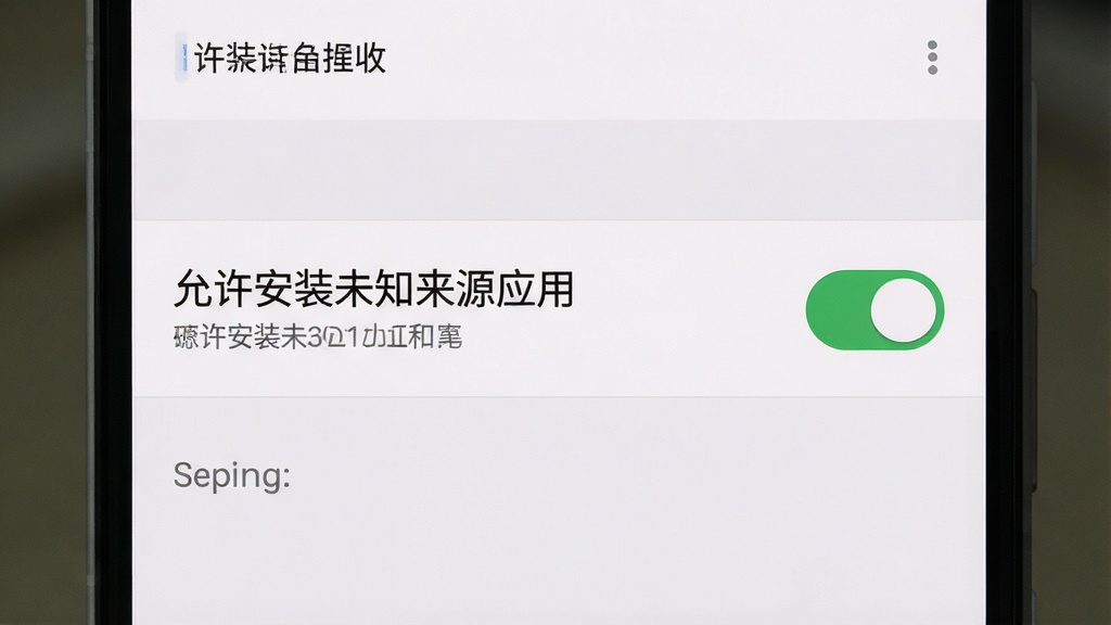 一张手机安装应用时的权限设置界面示意图,画面展示安卓手机“允许安装未知来源应用”的开关界面,开关处于开启状态,界面风格为原生设置页,布局清晰,色调柔和,细节干净,画质高清,无多余元素