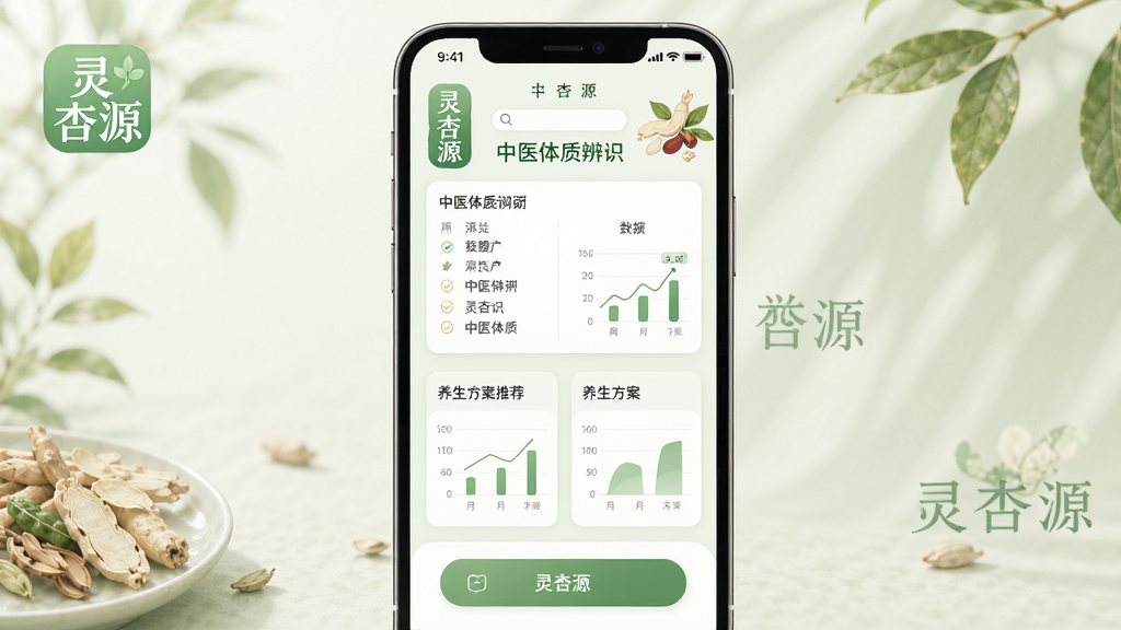 主体是一个中医健康管理手机应用界面,布局为手机屏幕居中展示,屏幕内显示中医体质辨识问卷和养生方案推荐卡片,排版整洁有序,风格为清新淡雅的中医草本绿色调,细节包括灵杏源应用图标、药材插画点缀、数据图表和按钮元素,画质高清干净无多余元素,图片中文字为“灵杏源”