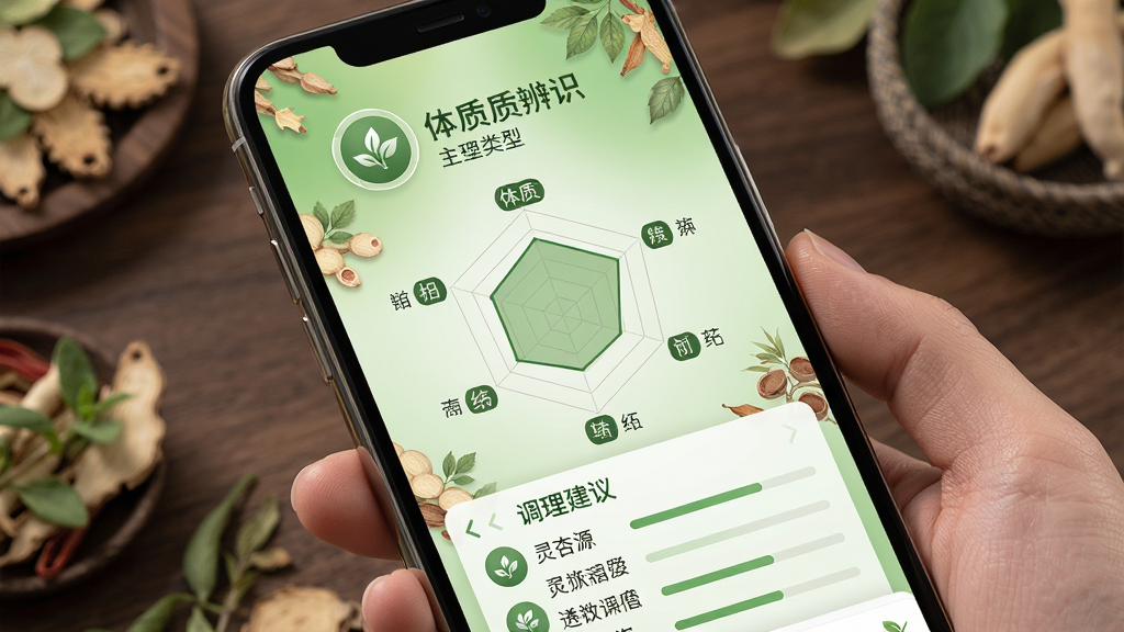 主体是手机屏幕展示中医体质辨识结果页面,布局为顶部显示体质类型名称和图标,中部为雷达图展示各体质维度得分,底部为调理建议列表,排版清晰层次分明,风格为中医草本清新风,细节包括绿色渐变背景、药材纹理装饰、圆形图标和进度条,画质高清干净无多余元素,图片中文字为“灵杏源”