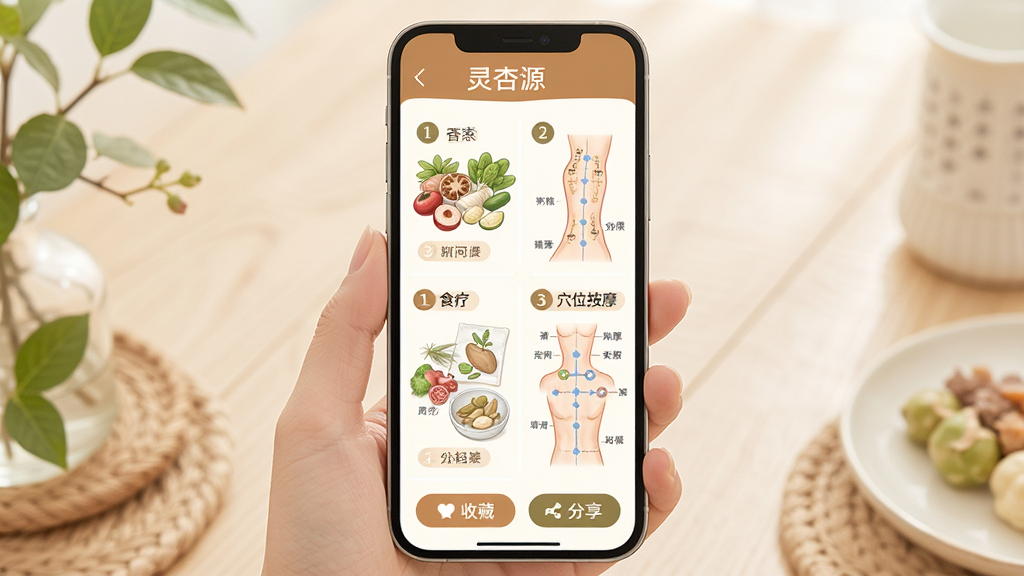 主体是手机屏幕展示养生方案详情页,布局为顶部标题栏显示方案名称,中部为图文混排的食疗和穴位按摩步骤,底部为收藏和分享按钮,排版图文并茂,风格为温暖柔和的养生主题,细节包括食材插画、穴位示意图、步骤编号和标签,画质高清干净无多余元素,图片中文字为“灵杏源”