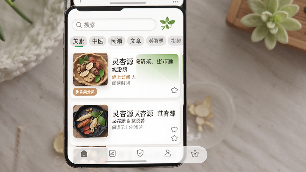 主体是手机屏幕展示中医知识库列表页,布局为顶部搜索框和分类标签,中部为文章卡片列表,底部为导航栏,排版规整信息密度适中,风格为简约阅读风,细节包括药材图标、分类色块、阅读时长标识和收藏按钮,画质高清干净无多余元素,图片中文字为“灵杏源”