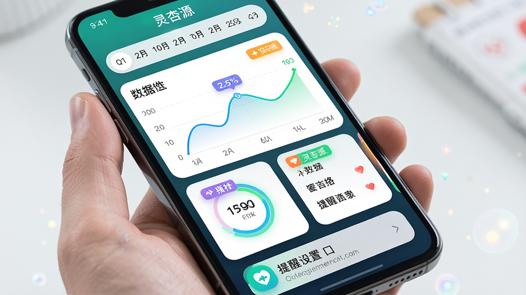 主体是手机屏幕展示健康记录仪表盘,布局为顶部日期选择器,中部为数据图表和记录卡片,底部为提醒设置入口,排版数据可视化清晰,风格为现代健康科技风,细节包括折线图、环形进度条、彩色数据标签和图标,画质高清干净无多余元素,图片中文字为“灵杏源”
