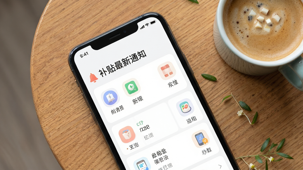 主体为手机屏幕特写,屏幕上显示新纶和业APP的补贴政策列表页面,布局采用俯视角度,背景为木质桌面与一杯咖啡,风格为清新生活风,细节包括屏幕中的文字标题“补贴最新通知”清晰可读、图标色彩柔和,画质为超清、干净、无多余元素