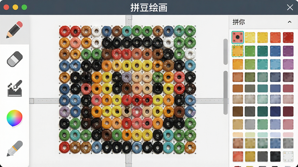 拼豆绘画软件主界面截图,画面中央展示一张正在编辑的拼豆像素图纸,彩色豆子按网格排列,左侧为工具栏包含铅笔、橡皮、填充、取色等图标,右侧为色卡面板,顶部有软件名称“拼豆绘画”字样,整体布局清晰,风格简洁明快,扁平化设计,细节丰富,画质高清,干净无多余元素