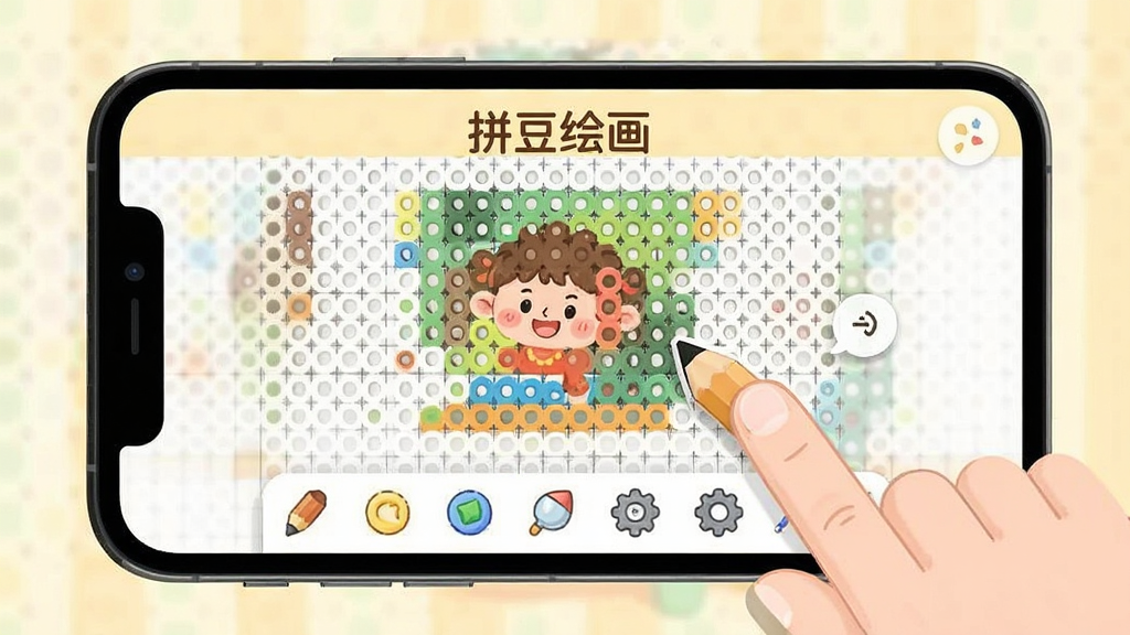 拼豆绘画软件在新手引导界面展示操作提示,手机屏幕显示网格画布和工具栏,画面中有手指点击铅笔工具的示意,界面包含软件名称“拼豆绘画”,风格友好亲切,画质清晰,干净无多余元素