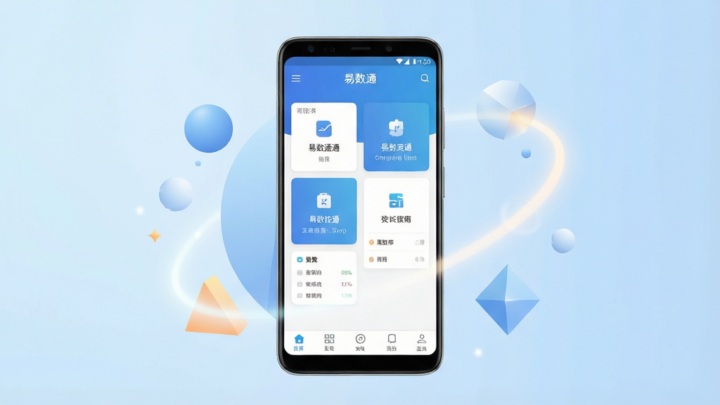 一张展示易数通手机应用界面的场景图,画面中央是一部竖屏安卓手机,手机屏幕上显示“易数通”应用主界面,界面包含功能卡片和底部导航栏,手机周围环绕着简洁的几何图形和柔和光效,背景为浅蓝色渐变,整体风格清新科技感,布局居中对称,细节清晰,画质干净,无多余元素,4K高清