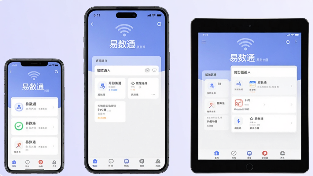 一张展示易数通多设备适配的图片,画面中同时出现一部小屏手机、一部大屏手机和一台平板电脑,三台设备屏幕上都显示“易数通”应用界面,布局整齐,背景为浅紫色渐变,风格统一,画质清晰,无多余元素