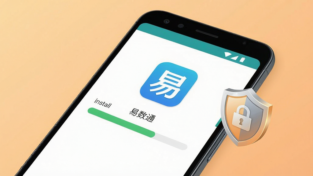 一张展示手机安装应用过程的场景图,画面中一部安卓手机屏幕上显示安装进度条和“易数通”应用图标,旁边有盾牌图标表示安全防护,背景为浅橙色渐变,风格简洁明快,细节清晰,画质干净,无多余元素