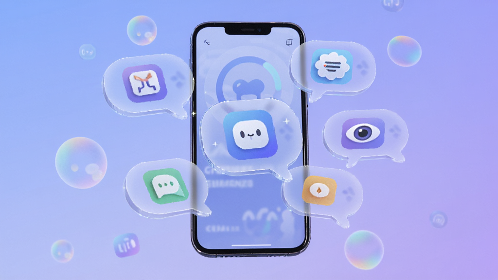 九启数界个性化推荐功能的视觉概念图,画面展示手机屏幕中浮现多个推荐气泡,气泡内包含不同图标,背景为柔和的蓝紫色渐变,风格科技感十足,画质高清,干净无多余元素