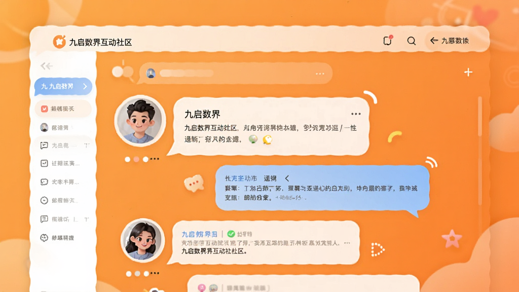 九启数界互动社区界面的示意图,画面中显示用户头像和评论气泡,背景为温暖的橙色渐变,风格活泼友好,画质清晰,干净无多余元素
