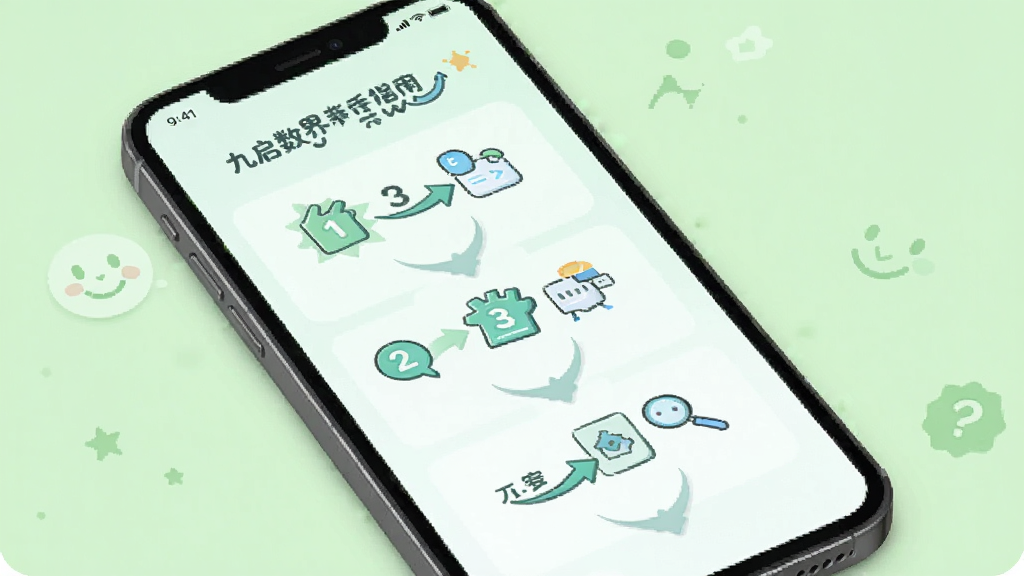 九启数界新手使用指南示意图,画面展示手机屏幕中带有步骤指示箭头,背景为浅绿色,风格清新友好,画质清晰,干净无多余元素