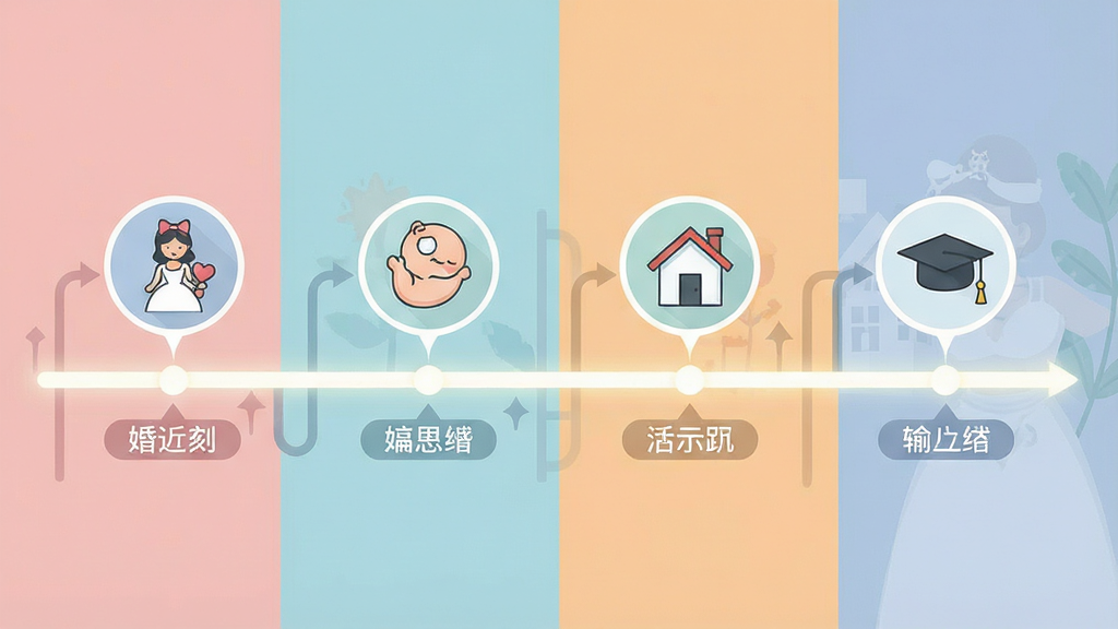 一张以时间轴为核心视觉元素的插图,画面主体是一条从画面左侧延伸至右侧的发光时间线,时间线上分布着多个圆形图标,分别代表婚礼、婴儿、房子、学士帽等事件,布局为横向延展,排版采用时间轴贯穿全图,风格为信息图表简约风,细节包括每个图标下方的简短文字标签、柔和的背景色块,画质清晰,干净,无多余元素