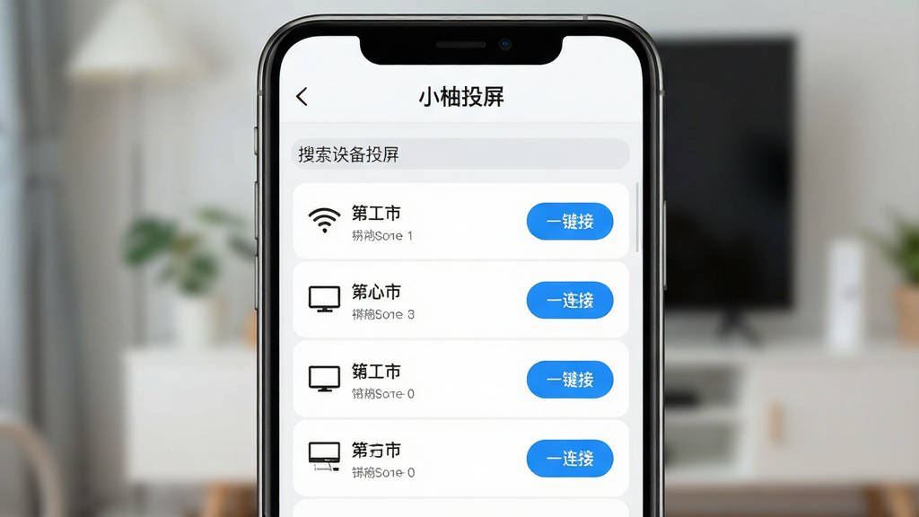 一张展示小柚投屏一键快速连接功能的图片,主体为小柚投屏手机界面显示搜索到的设备列表,布局采用上下结构,上方为软件顶部导航栏显示小柚投屏字样,下方为设备列表区域展示多个电视设备名称与连接按钮,排版清晰直观,风格为简约清新的浅色UI设计,细节包括WiFi信号图标、设备类型图标、一键连接按钮高亮显示,画质高清,画面干净,无多余元素