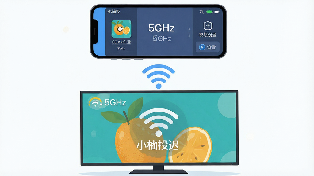 一张展示小柚投屏使用技巧的图片,主体为手机与电视通过WiFi连接投屏的示意图,布局采用上下分层构图,上方为手机界面显示小柚投屏软件运行状态,下方为电视大屏播放投屏内容,中间以WiFi信号图标连接,排版清晰明了,风格为清新明亮的扁平化插画风格,细节包括5GHz频段标识、低延迟文字标注、权限设置图标,画质高清,画面干净,无多余元素